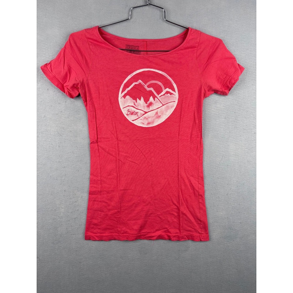 Burton Womens Small Graphic T-Shirt Pink Red Mountain Scene Short Sleeve Cotton